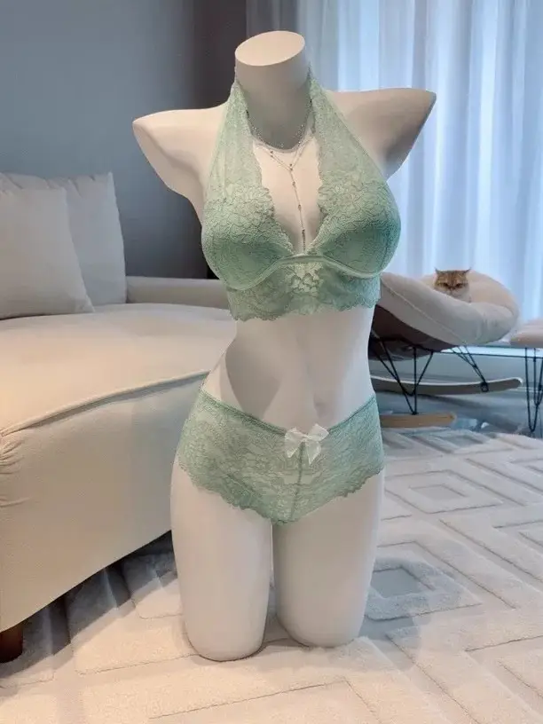 Mint Green Lace Halter Top with Built-In Bra Pads Wireless Bra Set for Women — feature 7