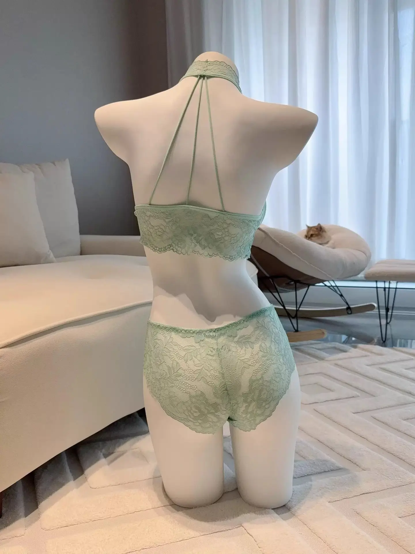 Mint Green Lace Halter Top with Built-In Bra Pads Wireless Bra Set for Women — feature 8
