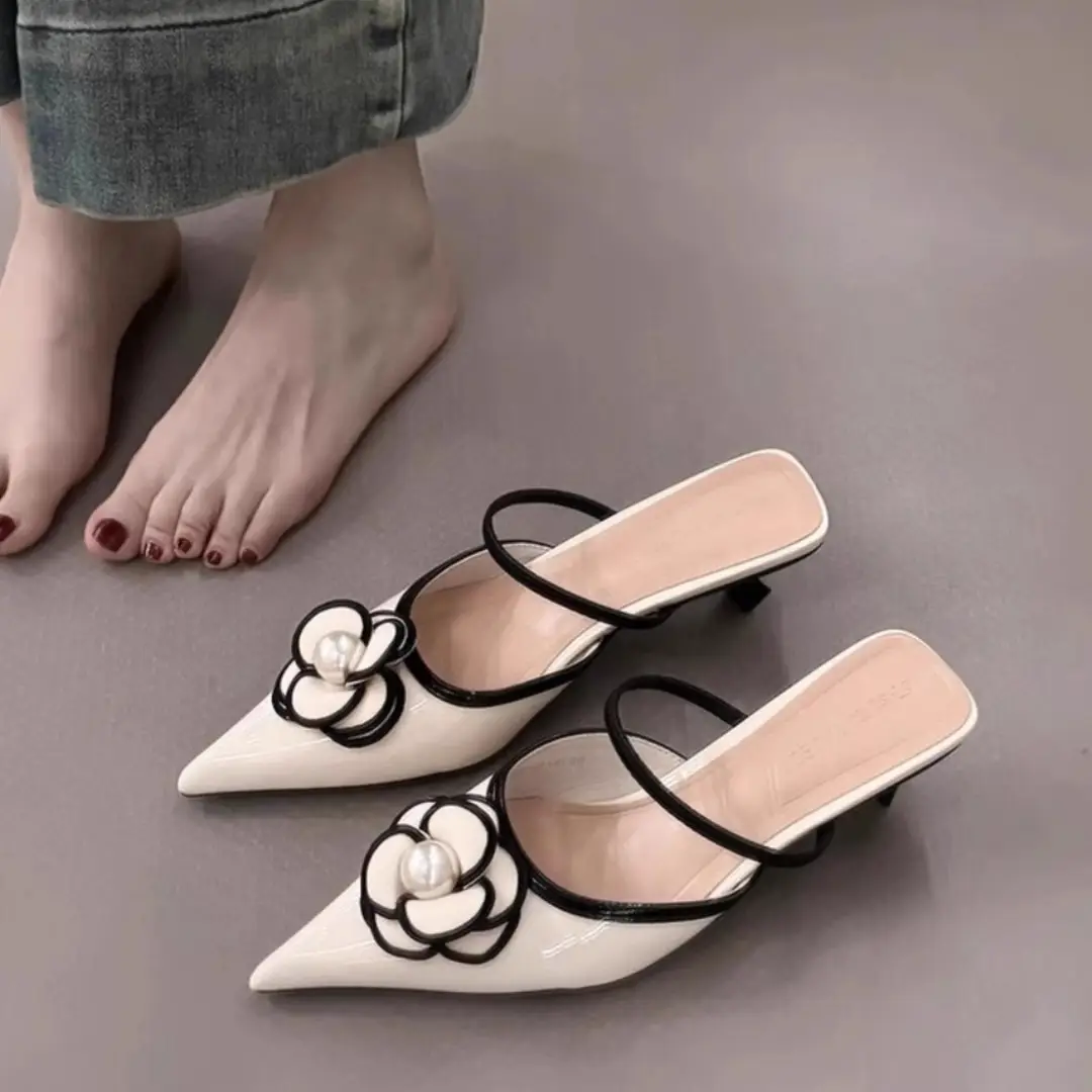 2026 New Summer Style Elegant Pointed-Toe Single Shoes, Chanel-Inspired High-Heeled French Mules with Floral Design for Outdoor Wear - Image 4