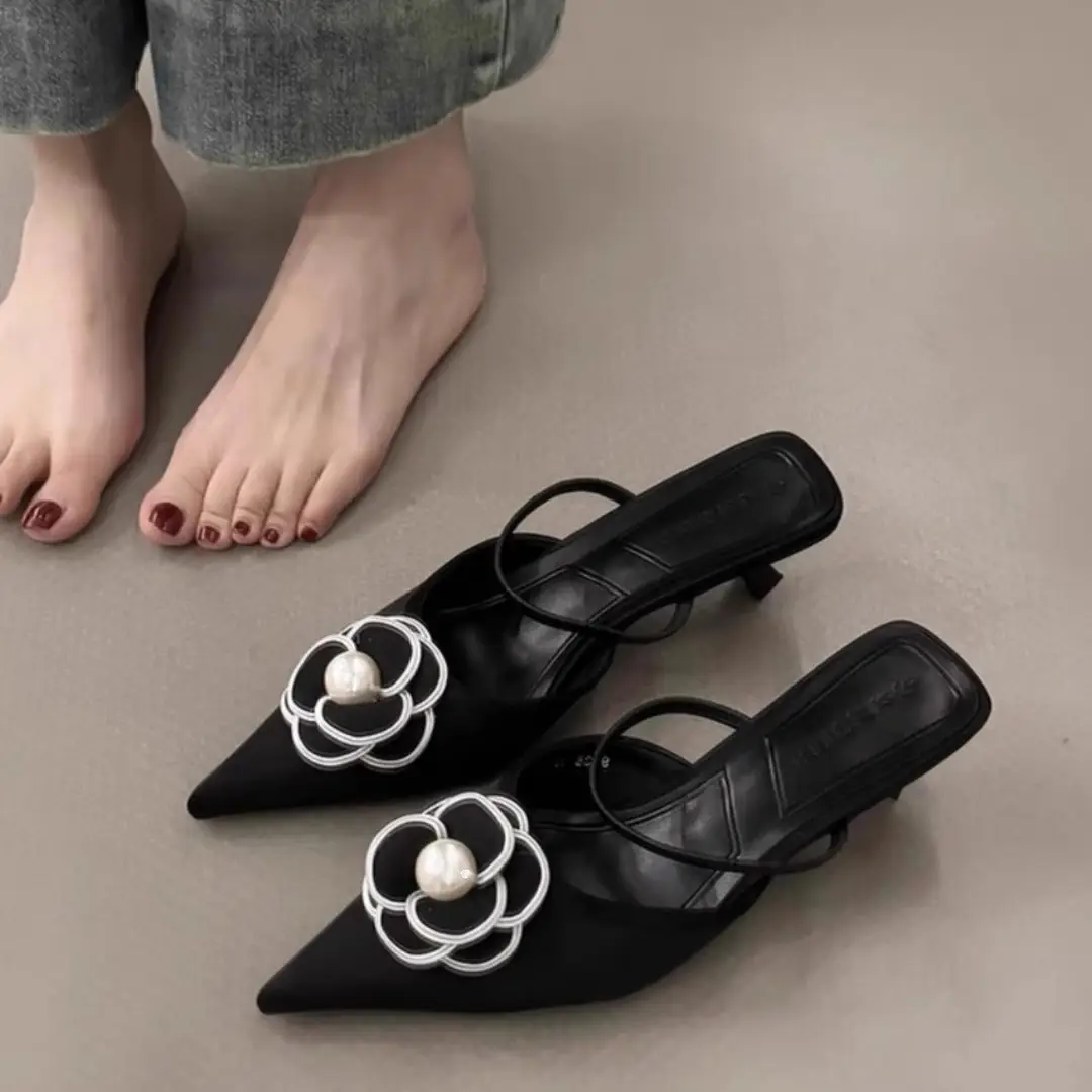 2026 New Summer Style Elegant Pointed-Toe Single Shoes, Chanel-Inspired High-Heeled French Mules with Floral Design for Outdoor Wear - Image 5