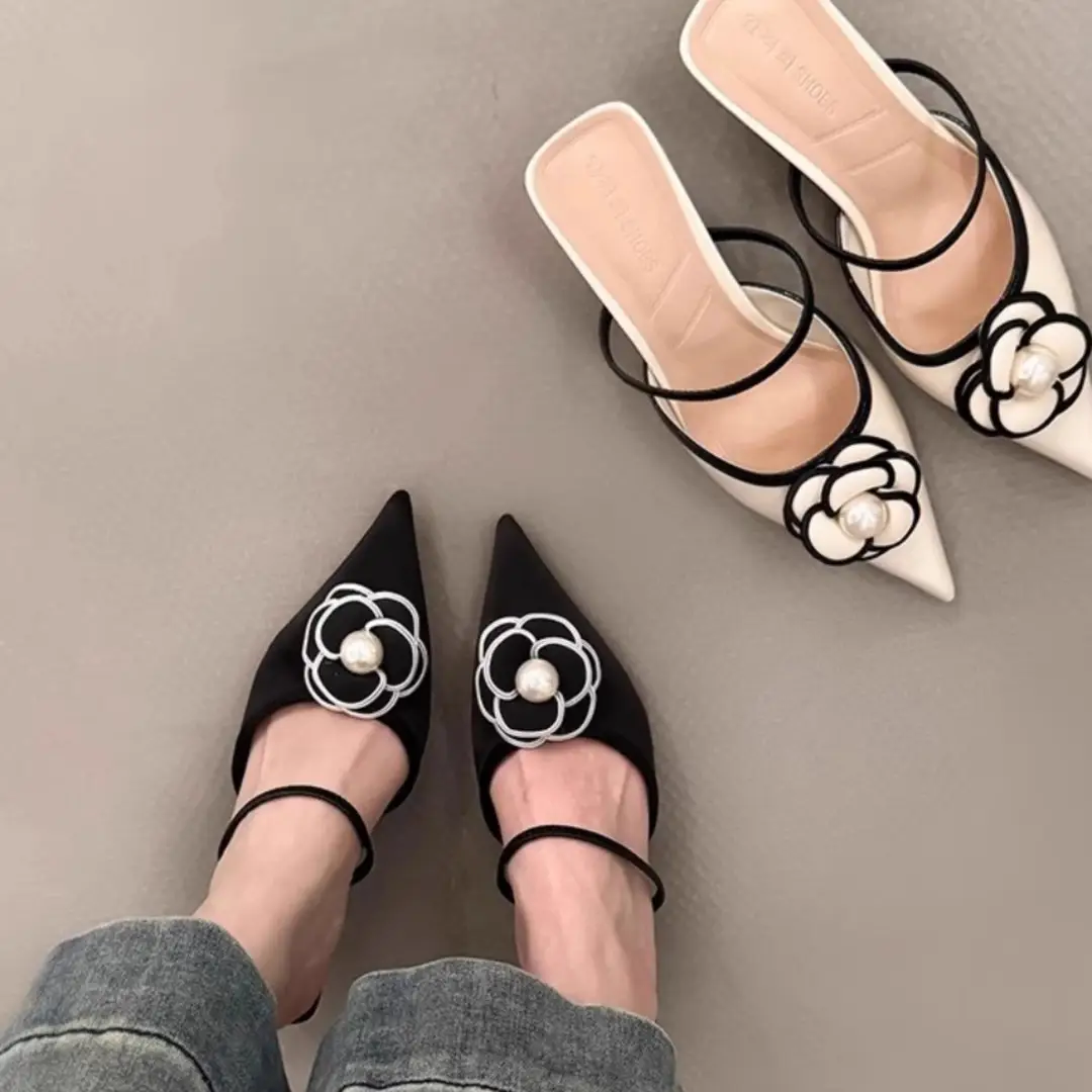 2026 New Summer Style Elegant Pointed-Toe Single Shoes, Chanel-Inspired High-Heeled French Mules with Floral Design for Outdoor Wear - Image 6