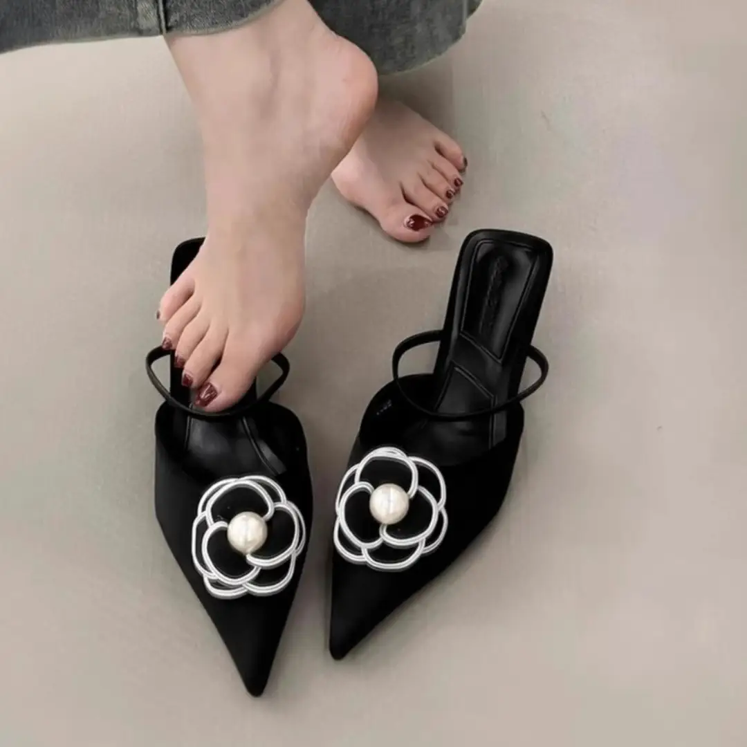 2026 New Summer Style Elegant Pointed-Toe Single Shoes, Chanel-Inspired High-Heeled French Mules with Floral Design for Outdoor Wear - Image 7