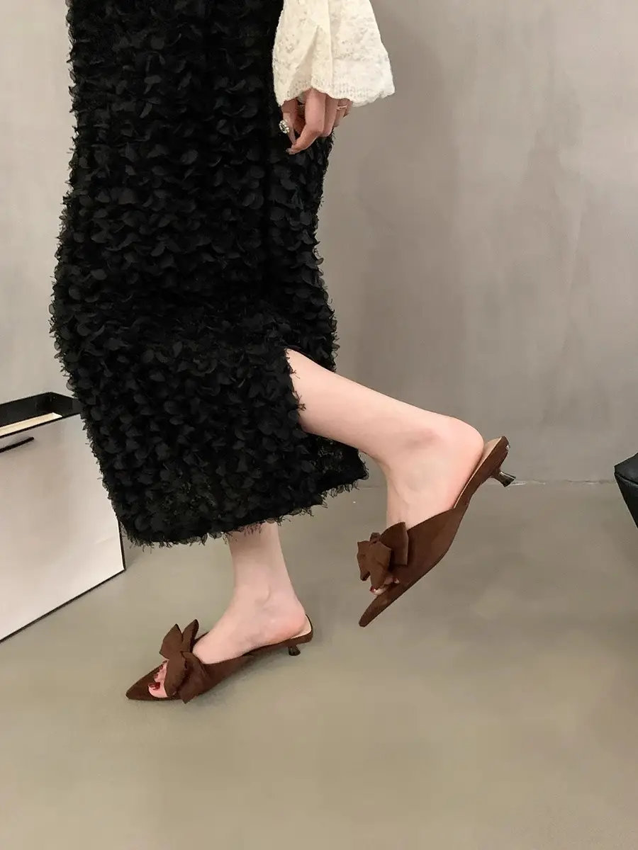 2026 New Summer Bow-Knot Elegant Sandals High-Heeled Pointed-Toe Fairy-Style Small Slippers Women's Shoes for Outdoor Wear
