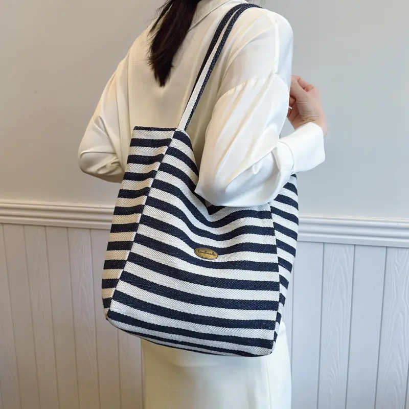 Striped Canvas Shoulder Bag 2025 Korean Style Large Capacity - Image 3