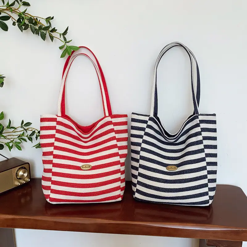 Striped Canvas Shoulder Bag 2025 Korean Style Large Capacity - Image 6