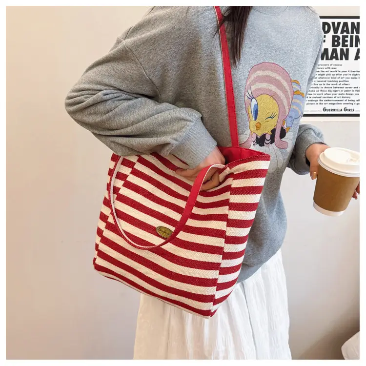 Striped Canvas Shoulder Bag 2025 Korean Style Large Capacity — feature 12