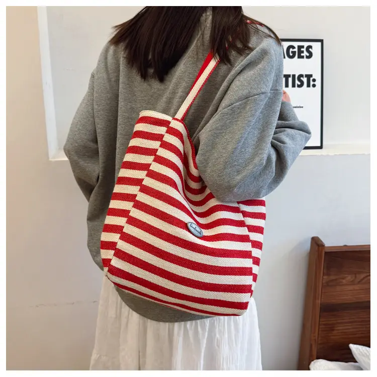 Striped Canvas Shoulder Bag 2025 Korean Style Large Capacity — feature 13