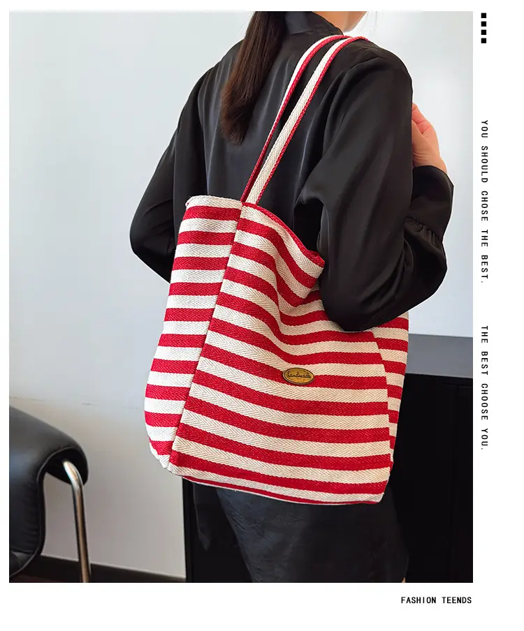 Striped Canvas Shoulder Bag 2025 Korean Style Large Capacity — feature 2
