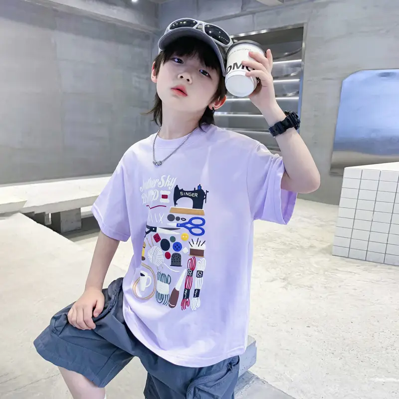 Boys Cartoon Print Short Sleeve T-Shirt Blue White