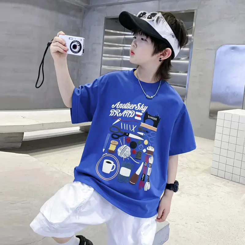 Boys Cartoon Print Short Sleeve T-Shirt Blue White
