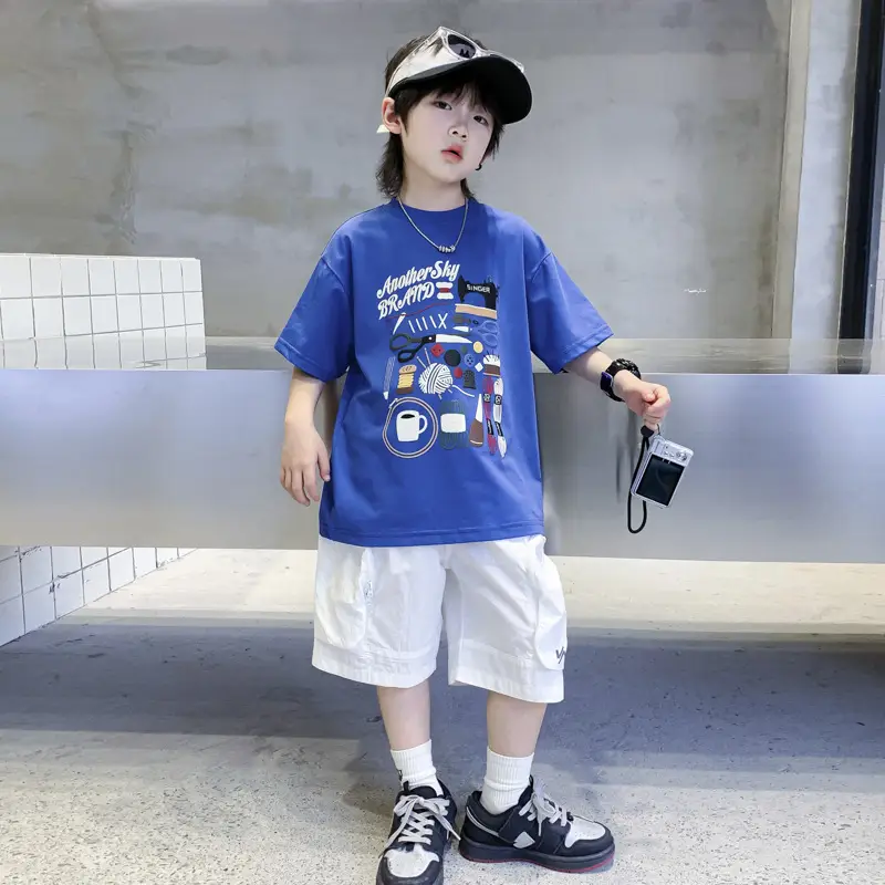 Boys Cartoon Print Short Sleeve T-Shirt Blue White