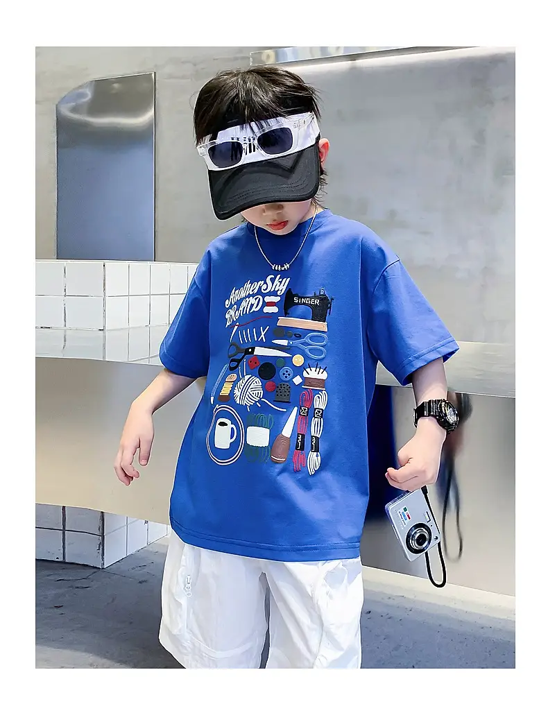 Boys Cartoon Print Short Sleeve T-Shirt Blue White — feature 11
