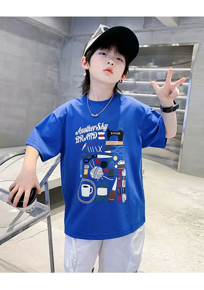 Boys Cartoon Print Short Sleeve T-Shirt Blue White — feature 12