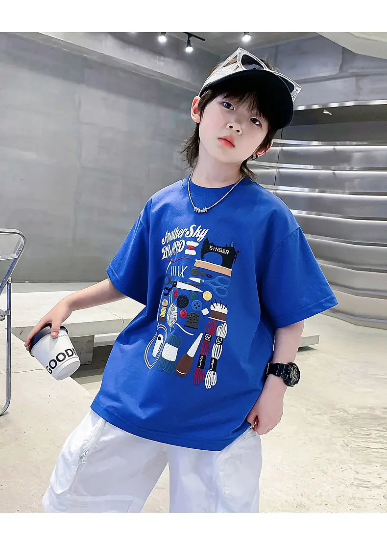 Boys Cartoon Print Short Sleeve T-Shirt Blue White — feature 13