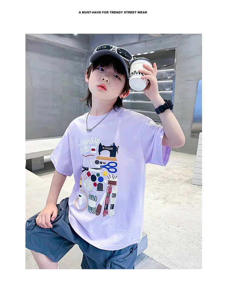 Boys Cartoon Print Short Sleeve T-Shirt Blue White — feature 2