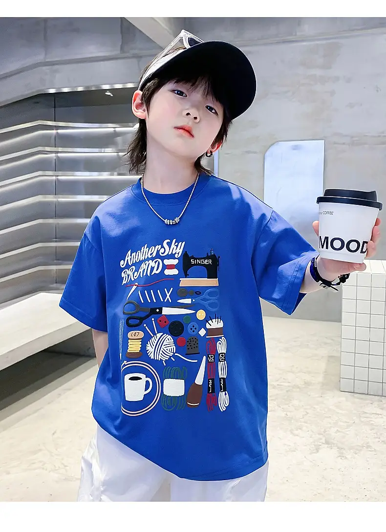 Boys Cartoon Print Short Sleeve T-Shirt Blue White — feature 8