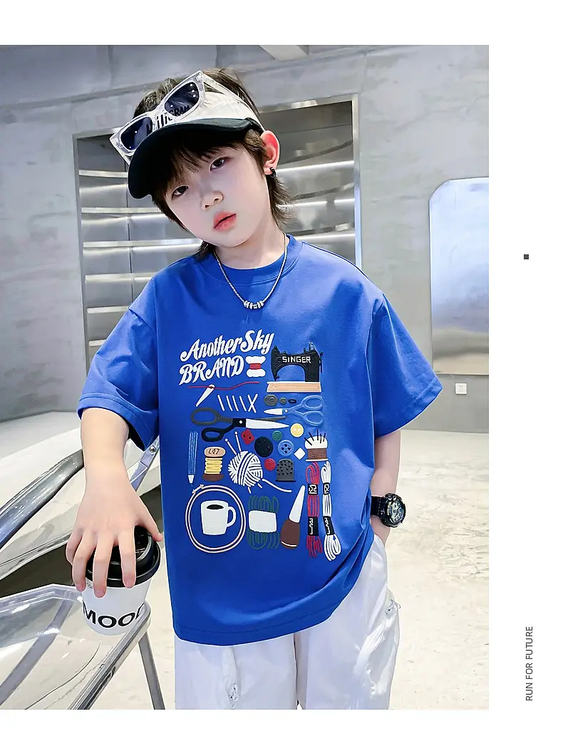 Boys Cartoon Print Short Sleeve T-Shirt Blue White — feature 9