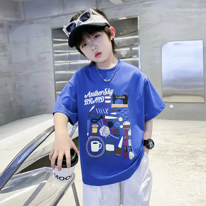 Boys Cartoon Print Short Sleeve T-Shirt Blue White