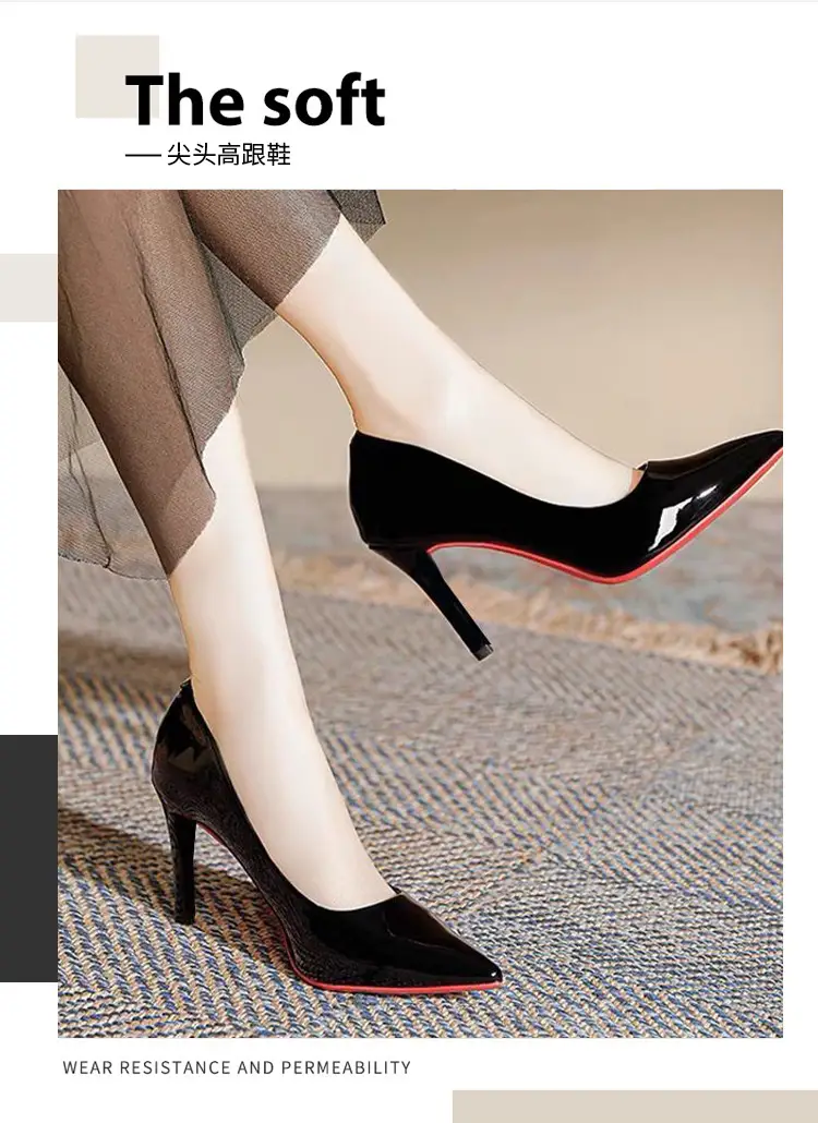Black Red-Soled High-Heeled Shoes That Are Comfortable on the Feet, Stiletto Heels, 2026 Spring and Autumn New Patent Leather Pointed-Toe Sexy Socialite Professional Shoes — feature 2