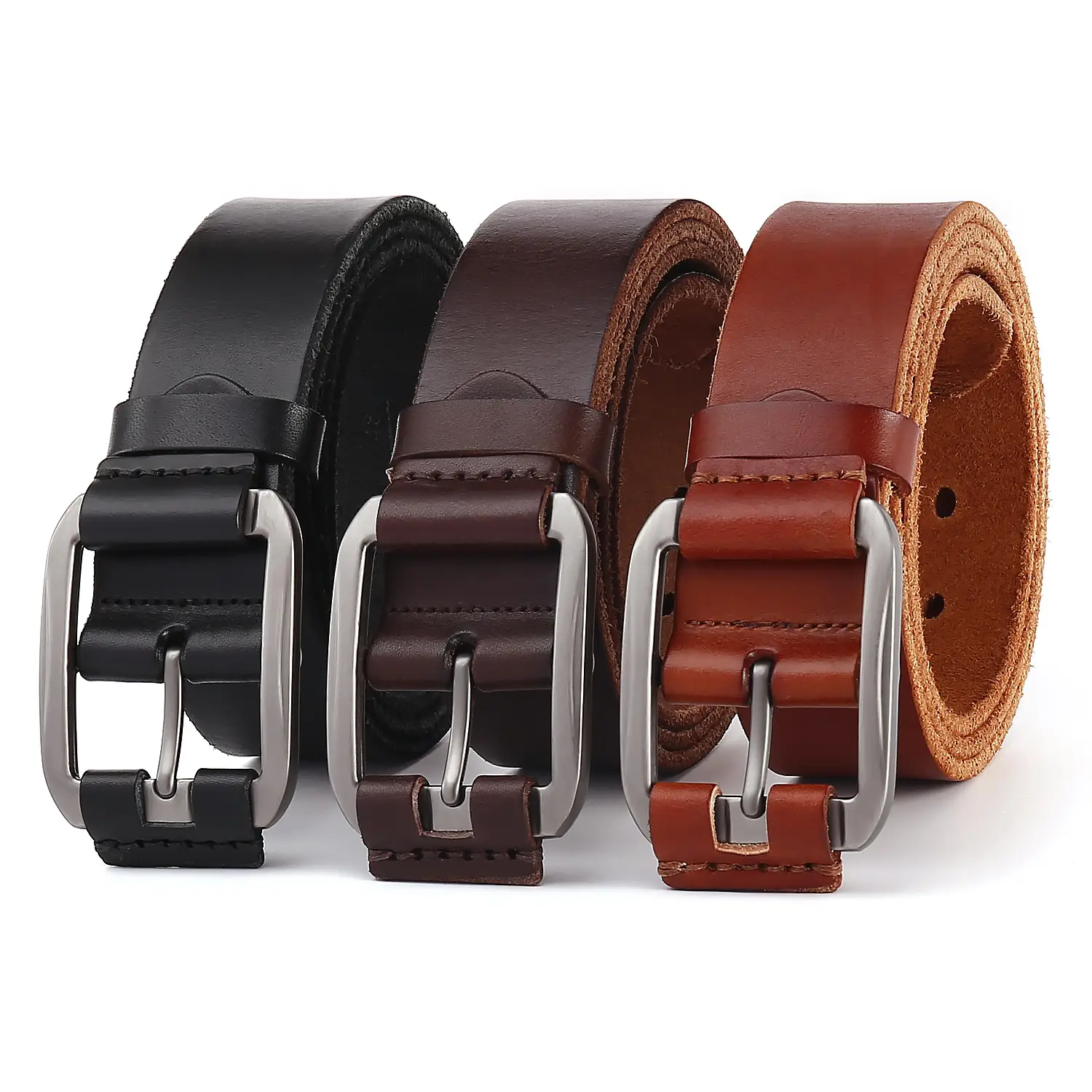 Men's Brown Leather Belt with Buckle — feature 1