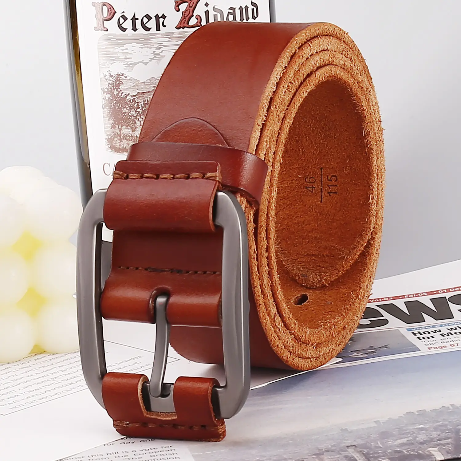 Men's Brown Leather Belt with Buckle — feature 14