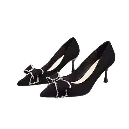 Pointed-Toe High Heels That Don'T Tire Your Feet 2026 Spring and Autumn New Style Black Rhinestone French Bow Stiletto Shallow Mouth Women's Shoes - Image 7