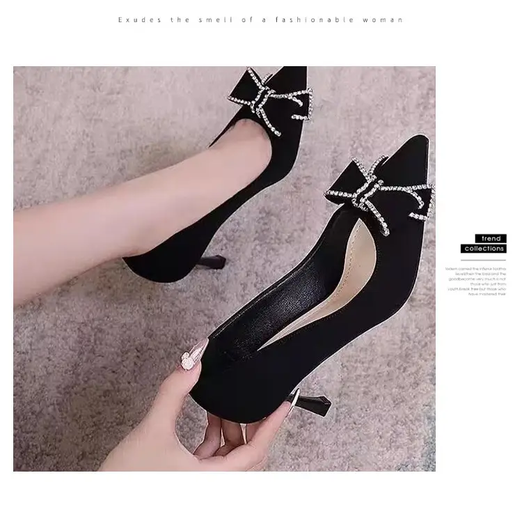 Pointed-Toe High Heels That Don'T Tire Your Feet 2026 Spring and Autumn New Style Black Rhinestone French Bow Stiletto Shallow Mouth Women's Shoes — feature 11