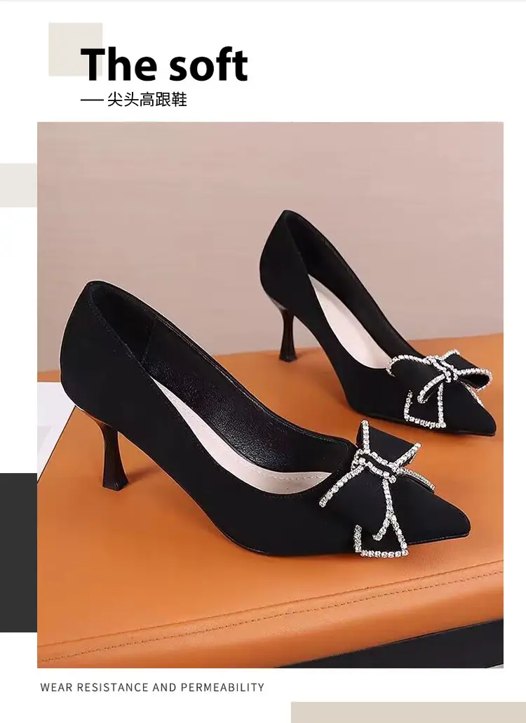 Pointed-Toe High Heels That Don'T Tire Your Feet 2026 Spring and Autumn New Style Black Rhinestone French Bow Stiletto Shallow Mouth Women's Shoes — feature 2