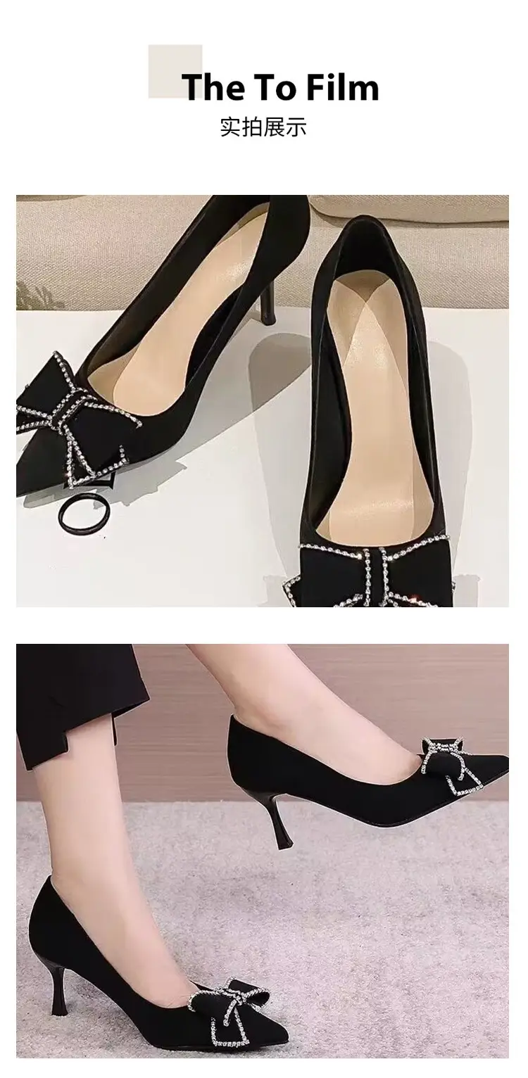 Pointed-Toe High Heels That Don'T Tire Your Feet 2026 Spring and Autumn New Style Black Rhinestone French Bow Stiletto Shallow Mouth Women's Shoes — feature 9