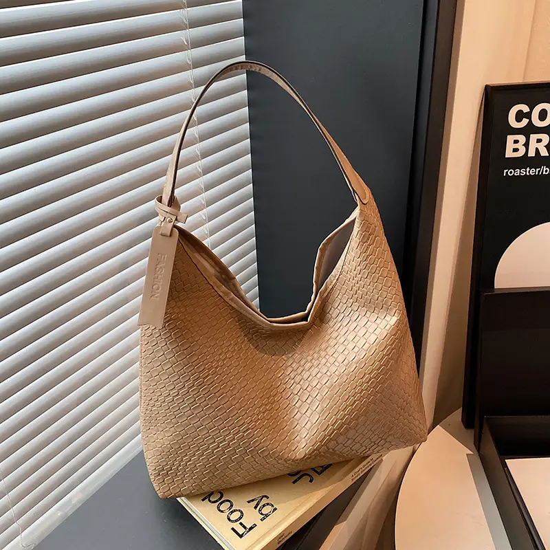 Women's Beige Leather Bucket Bag with Gold Strap - Image 6