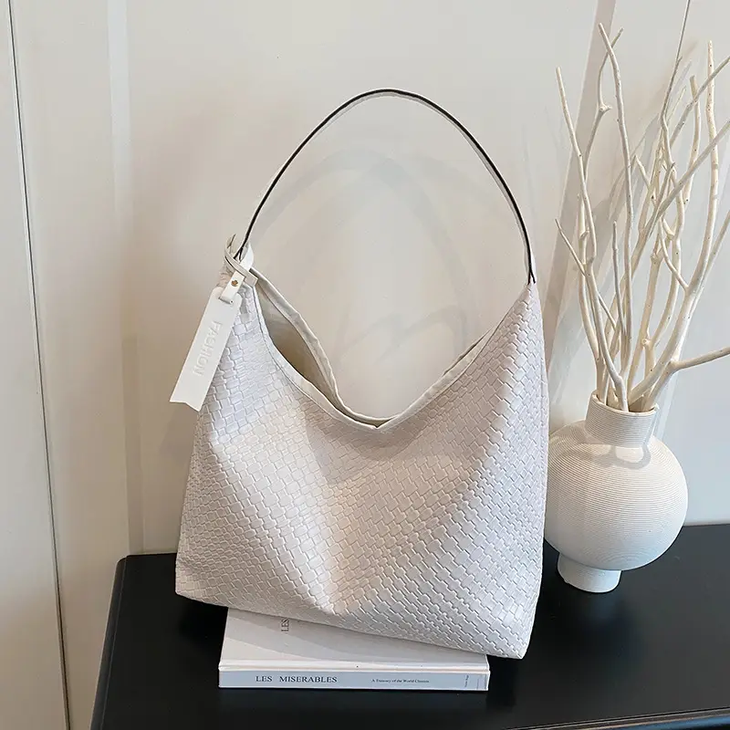 Women's Beige Leather Bucket Bag with Gold Strap - Image 7