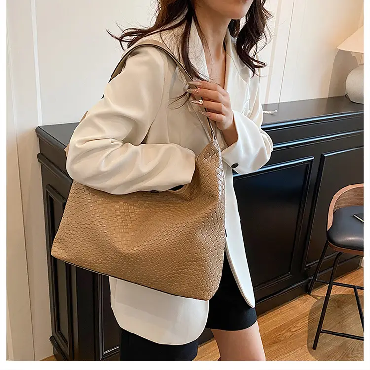 Women's Beige Leather Bucket Bag with Gold Strap — feature 14
