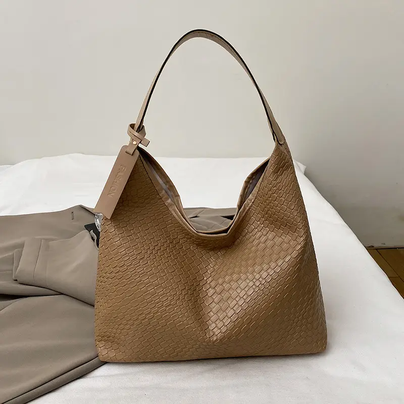 Women's Beige Leather Bucket Bag with Gold Strap - Image 4