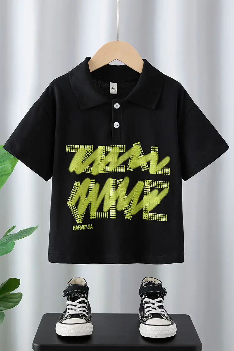 Boys Black Short Sleeve T-Shirt Medium Large Korean Style — feature 23