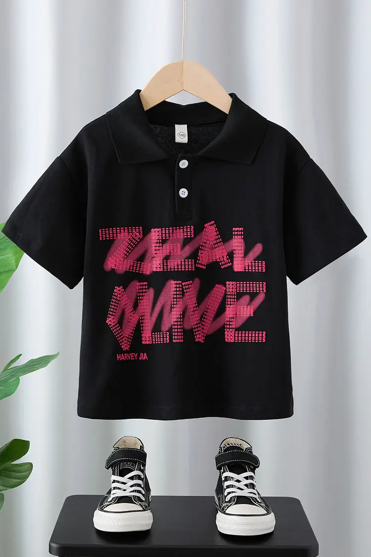 Boys Black Short Sleeve T-Shirt Medium Large Korean Style — feature 24
