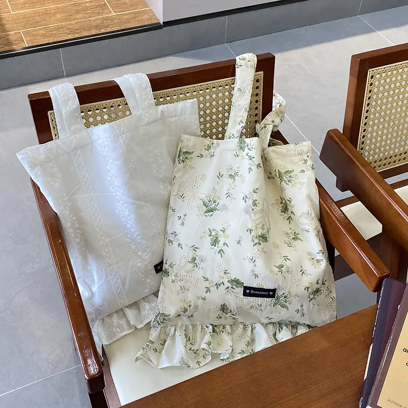 Japanese Floral Tote Bag Women Summer White - Image 3