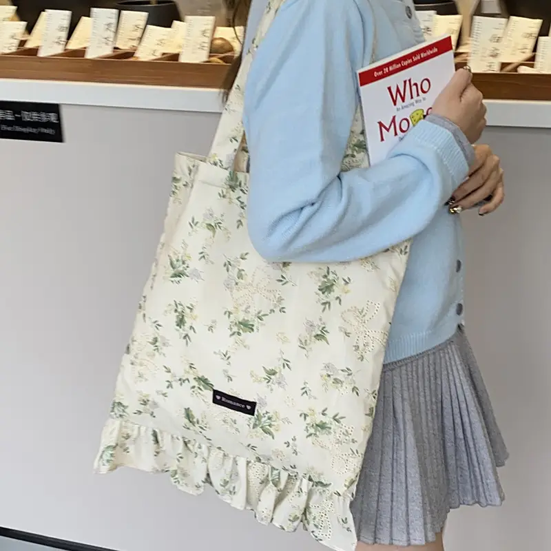 Japanese Floral Tote Bag Women Summer White - Image 4