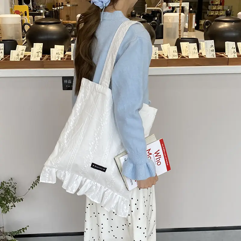 Japanese Floral Tote Bag Women Summer White - Image 5
