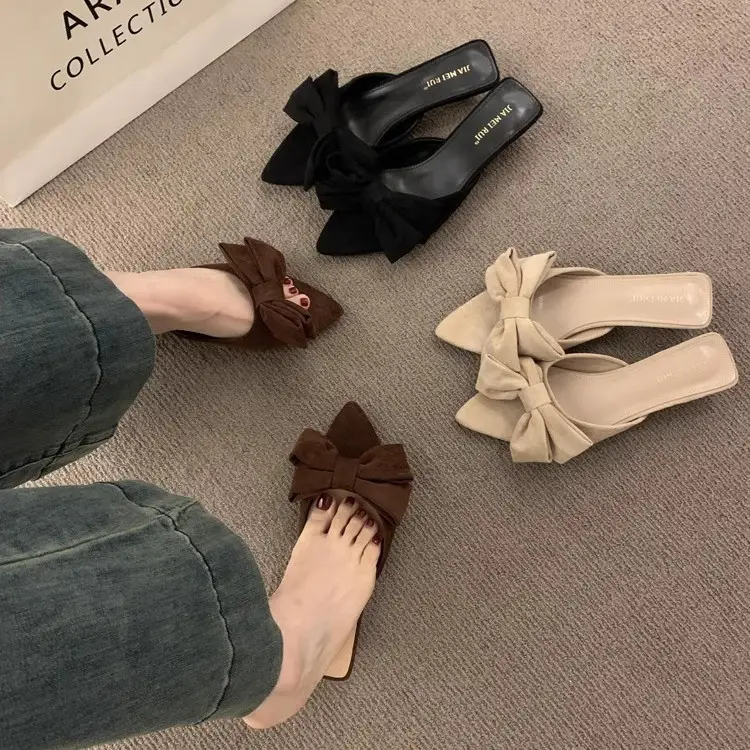 Summer Outdoor Wear 2026 New Suede Sandals French Retro Bow Open-Toe Pointed Toe Kitten Heel Slippers for Women - Image 5