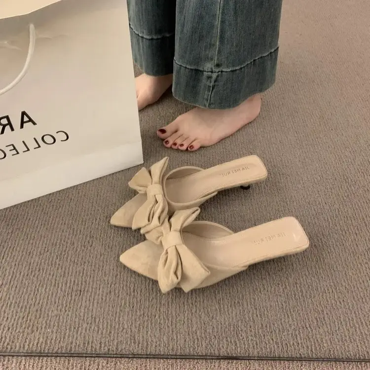 Summer Outdoor Wear 2026 New Suede Sandals French Retro Bow Open-Toe Pointed Toe Kitten Heel Slippers for Women - Image 6