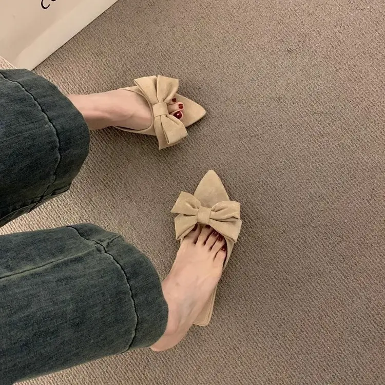 Summer Outdoor Wear 2026 New Suede Sandals French Retro Bow Open-Toe Pointed Toe Kitten Heel Slippers for Women - Image 7