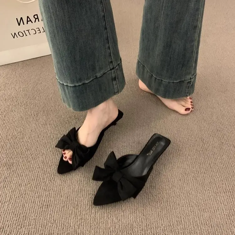 Summer Outdoor Wear 2026 New Suede Sandals French Retro Bow Open-Toe Pointed Toe Kitten Heel Slippers for Women - Image 8