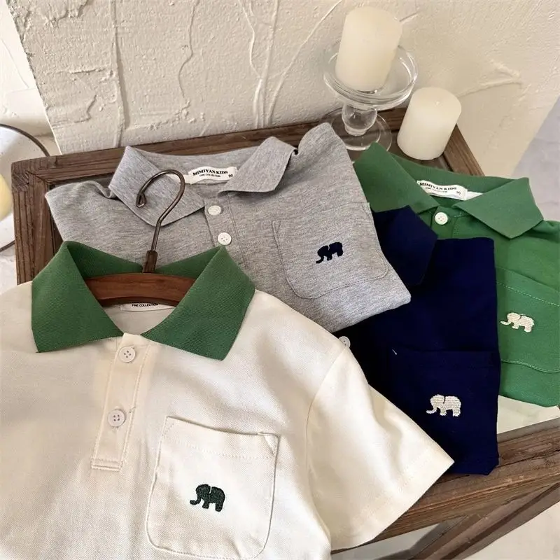 Boys' Embroidered Polo Shirt Green Blue White Medium Small - Image 5