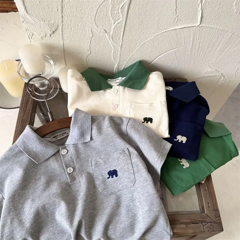 Boys' Embroidered Polo Shirt Green Blue White Medium Small — feature 19
