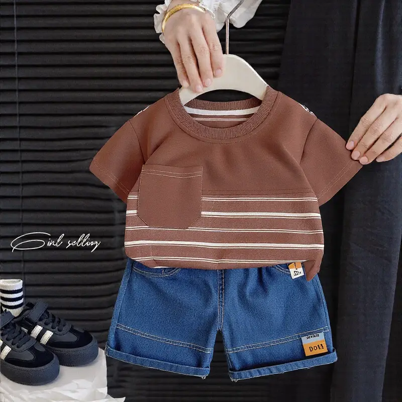 Boys 2Pc Short Sleeve Cartoon Suit Black Striped 1-5Y — feature 1