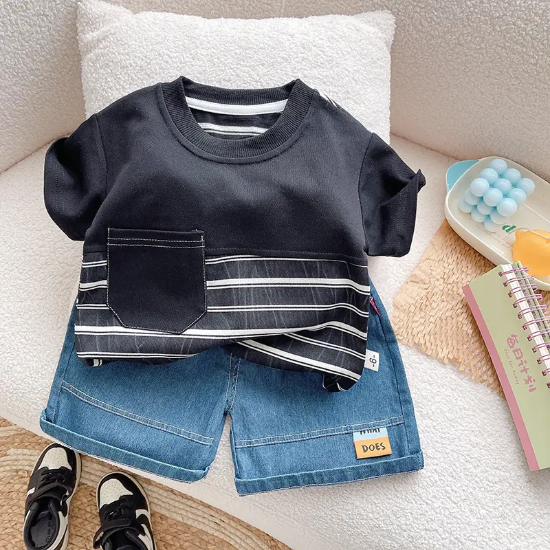 Boys 2Pc Short Sleeve Cartoon Suit Black Striped 1-5Y — feature 10
