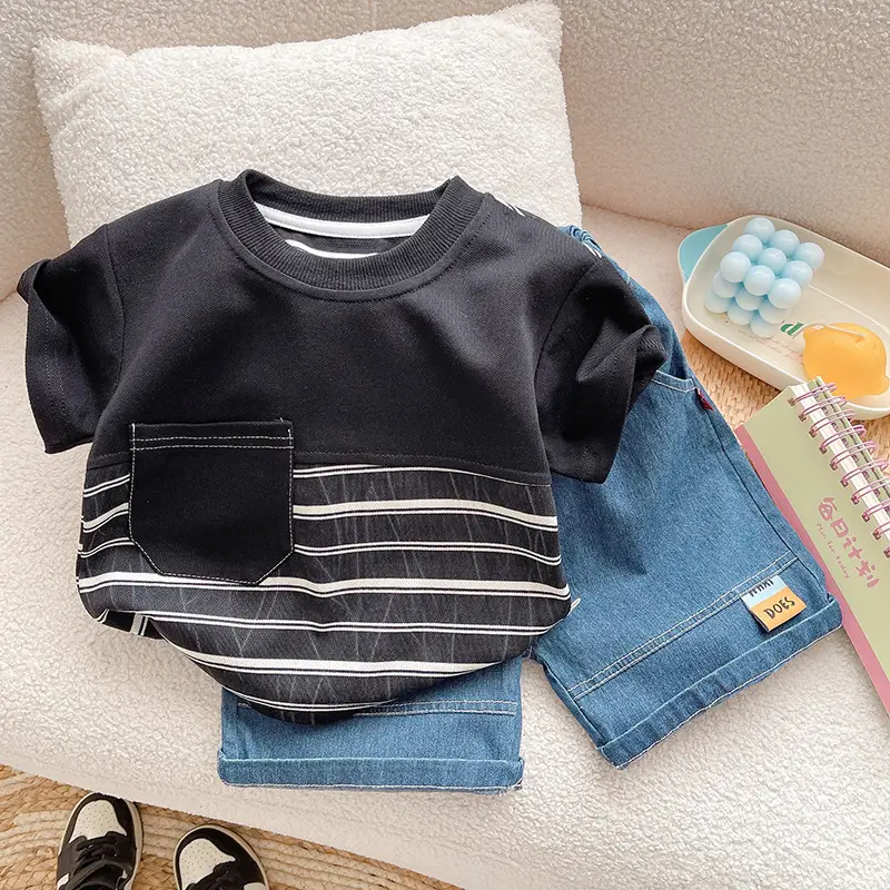 Boys 2Pc Short Sleeve Cartoon Suit Black Striped 1-5Y — feature 7