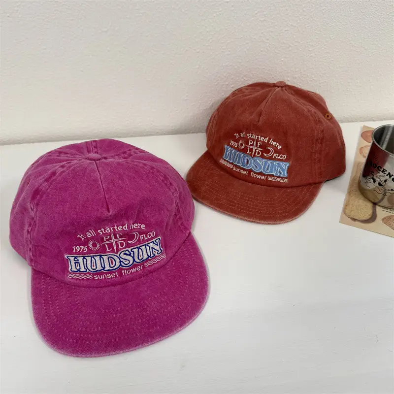 Red Vintage Washed Baseball Cap for Kids with Embroidered Letter Design - Image 5