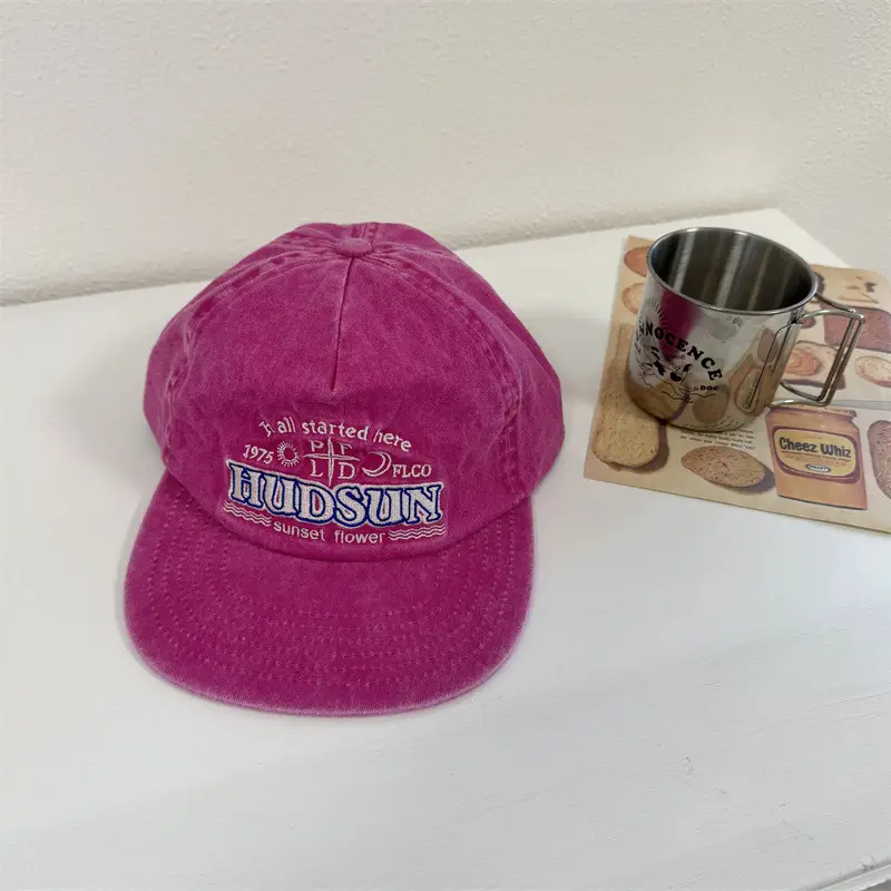 Red Vintage Washed Baseball Cap for Kids with Embroidered Letter Design - Image 2