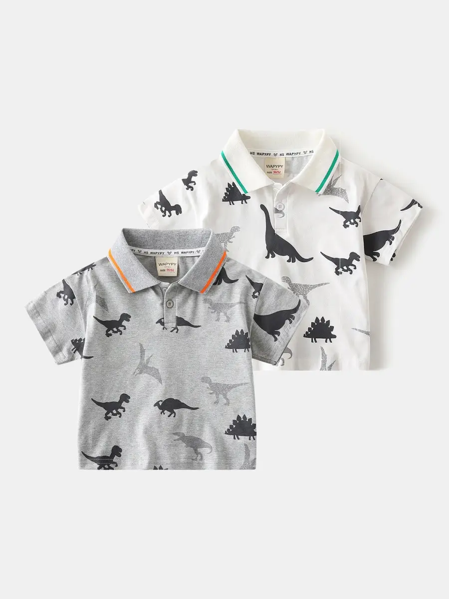 Kids Dinosaur Print Polo Shirt White 2026 Summer - Image 4